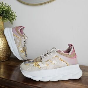Versace Chain Reaction Sneakers 38.5 Medusa Pink Baroque Canvas Italy